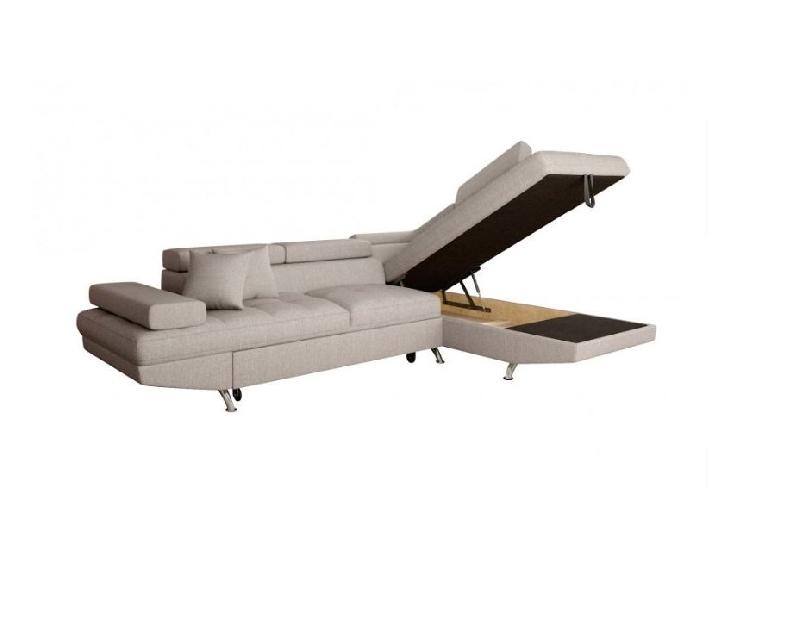 Canapé d'angle convertible méridienne droite RINO beige - pieds métal - avec coffre et têtières réglables_2