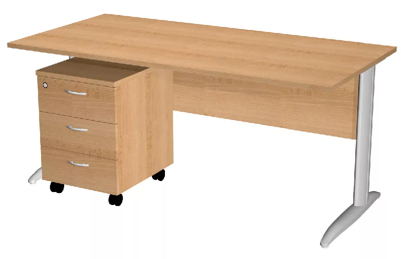 Bureau droit en L avec pieds métalliques et caisson sur roulettes So Presto - Blanc mat RAL 9010, 140 x 80 cm, 1 tiroir + dossiers suspendus_2