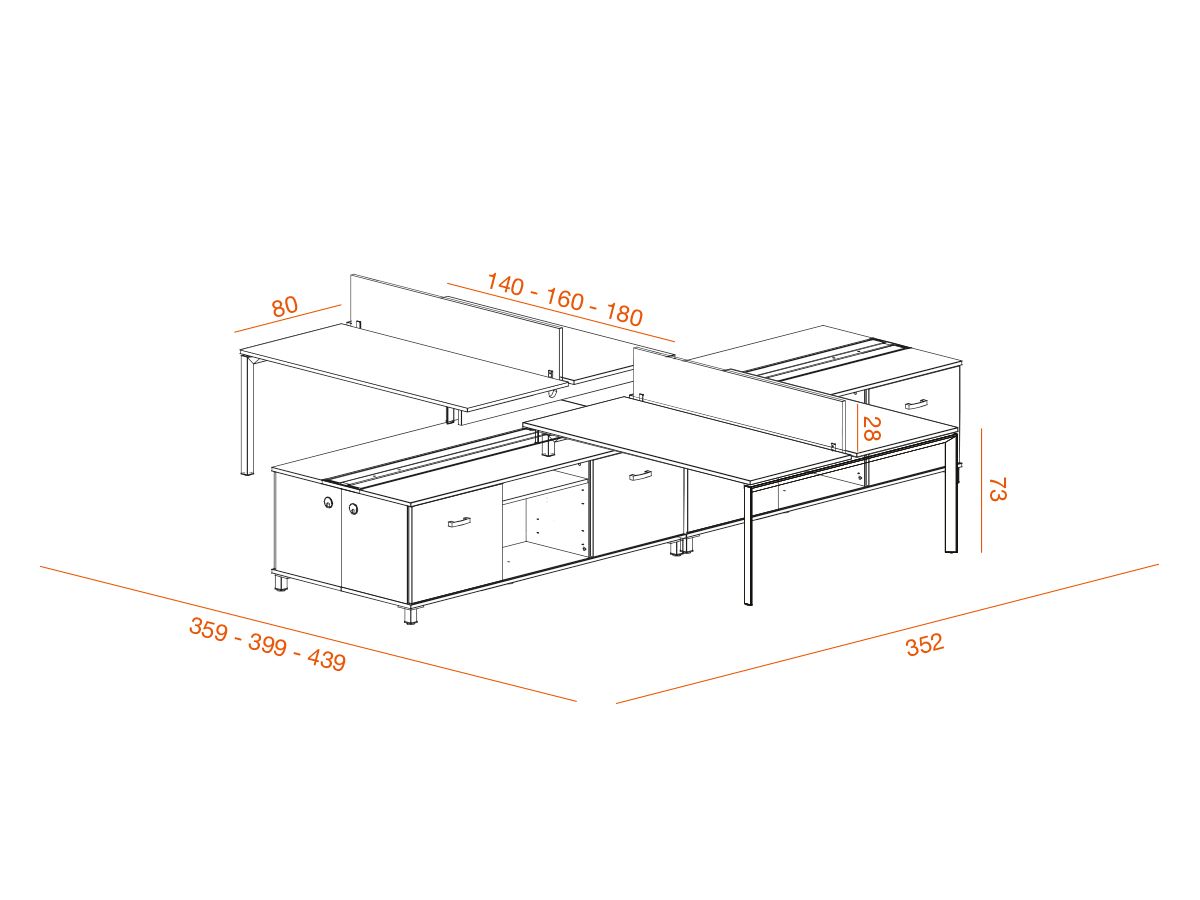 Bureau bench 4 personnes market r  sur crédences avec passage de câbles_2