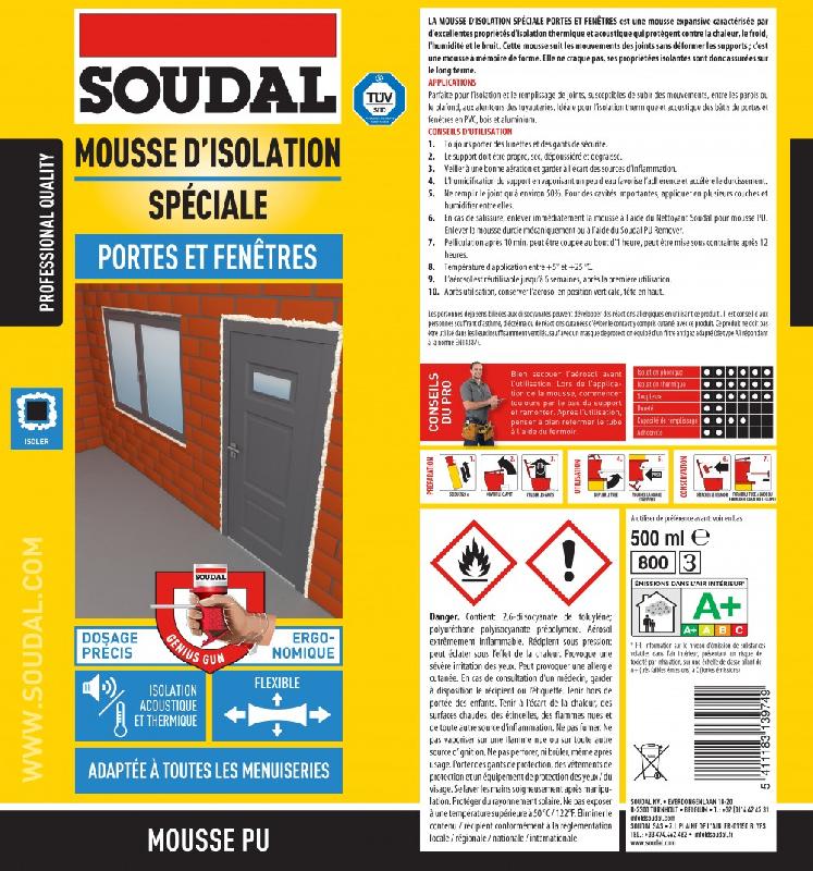 Mousse expansive universelle SOUDAL - 500 ml, pour tous supports, isolation thermique et acoustique_2