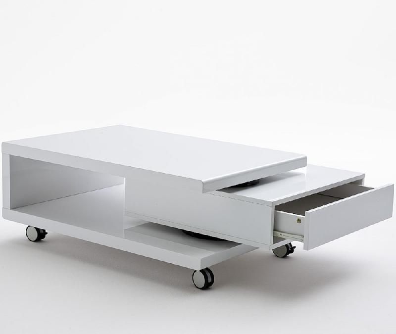 Table basse sur roulettes Angela - coloris blanc avec tiroir rotatif et compartiment ouvert_2