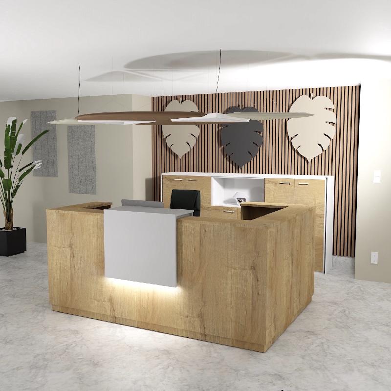 Banque d'accueil d'angle Delta Plus avec réhausse - Mobel Linea - 224, Blanc mat, Droite, Oui, Chêne veiné_0