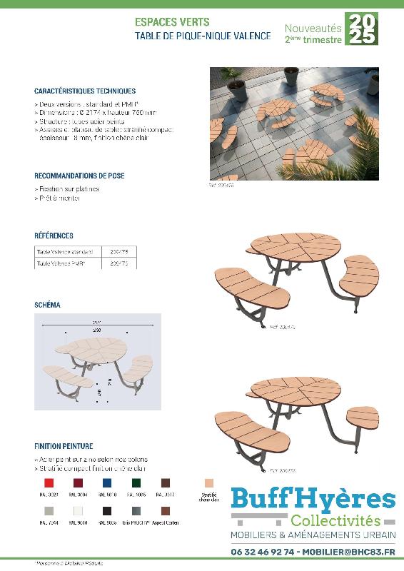 Table pique-nique Valence - deux versions : standard et PMR - Ø 2174 x H 750 mm - tubes acier peints - assises et plateau en stratifié compact_2