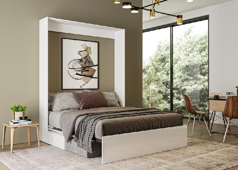 Armoire lit escamotable Dynamo Sofa - façade blanc brillant effet miroir - canapé gris - couchage 140x200 cm_2