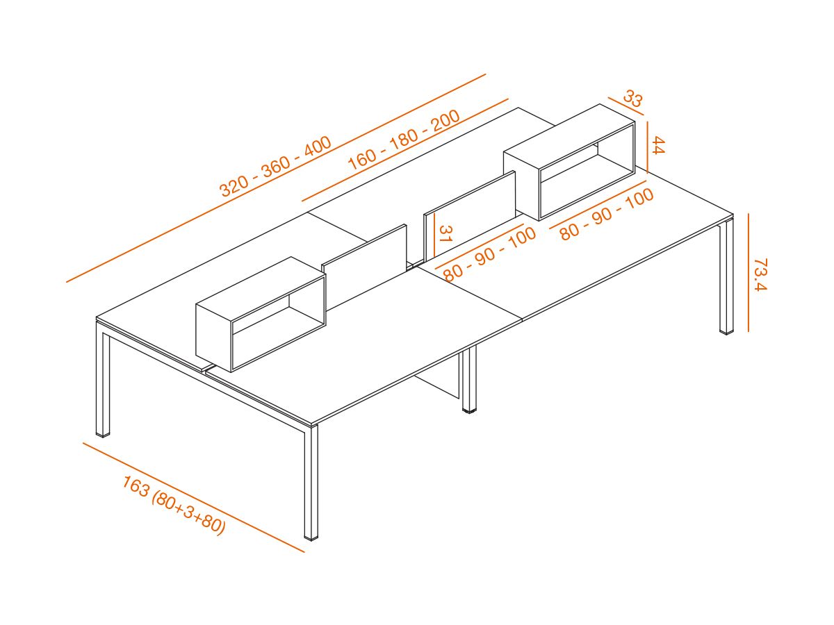 Bureau bench 4 personnes rialto avec niches et cloisonnettes frontales_2