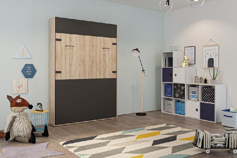 Lit escamotable industriel STUKEY - Chêne et noir mat - 140 x 200 cm avec ferrures décoratives_2