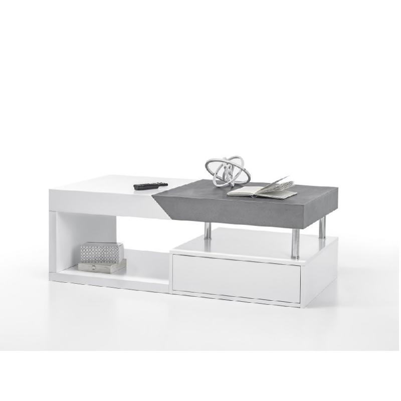 Table basse Holly - finition laqué blanc et mélaminé béton avec 1 tiroir et plateau coulissant_2