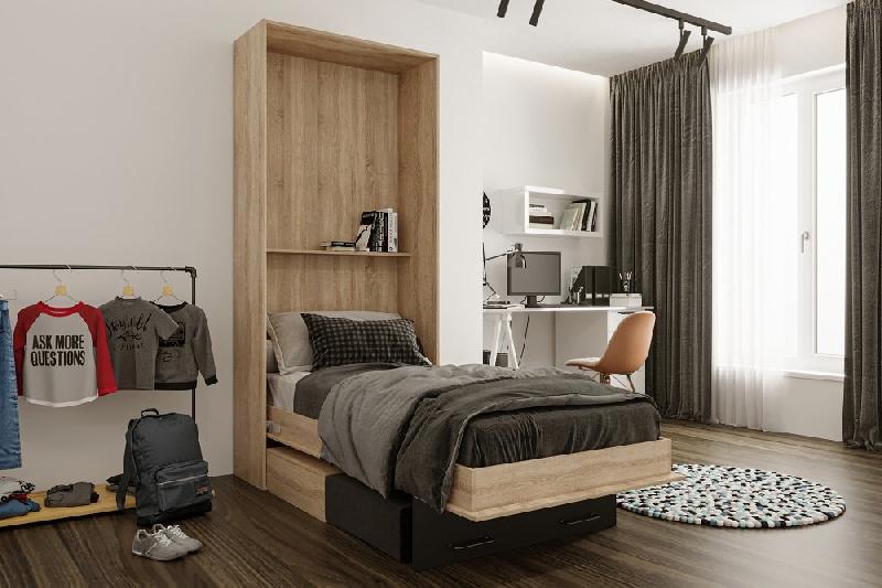 Lit escamotable style industriel KEY  SOFA chêne 90*200 cm Canapé Tiroirs Marron_2