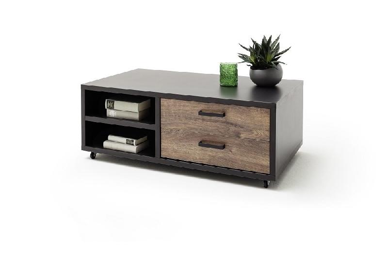 Table basse HALTON 115x45 - décor chêne barrique vieilli et gris cosmos mat - style industriel avec roulettes_2