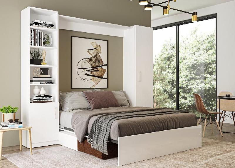 Lit escamotable Dynamo Sofa - Façade blanc brillant, canapé marron, couchage 160x200 cm - L 255 cm_2