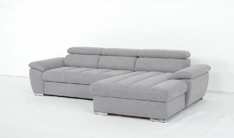 Canapé d'angle droit convertible avec méridienne coffre - tissu gris clair - couchage 140x200 cm - pieds métal chromé_2