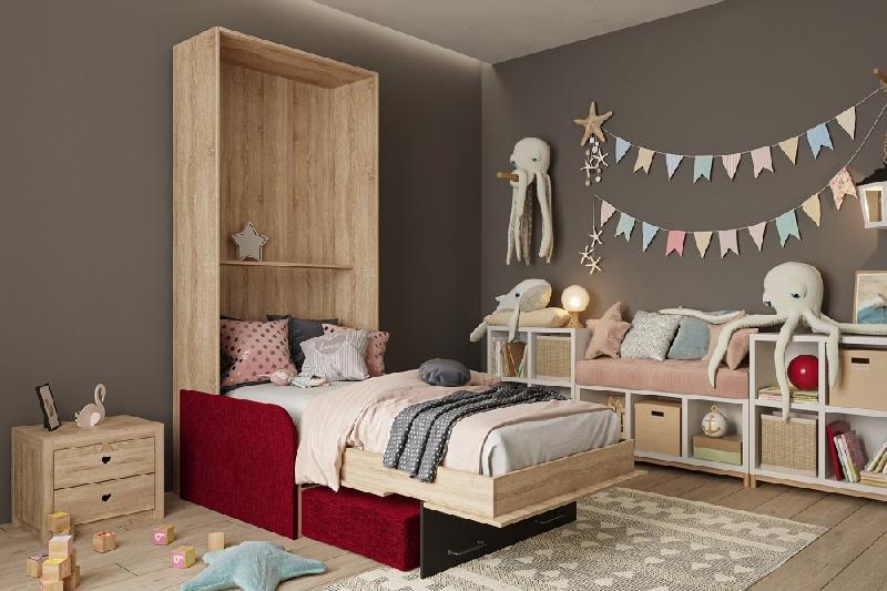 Lit escamotable style industriel KEY SOFA - Canapé rouge avec accoudoirs tissu, tiroirs, couchage 90x200 cm_2