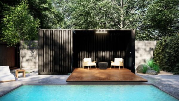 Container aménagé en pool house avec espace terrasse modulable