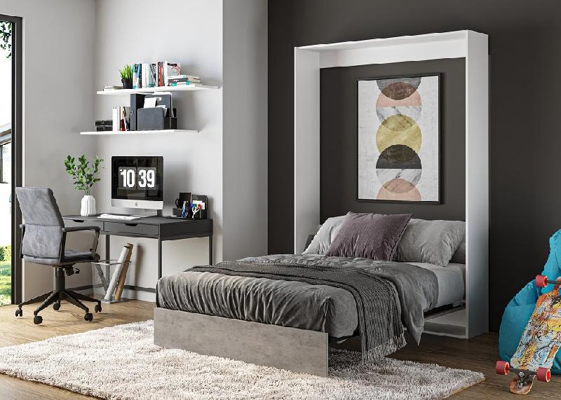 Armoire lit escamotable Dynamo blanc mat - façade gris béton - couchage 160 x 200 cm - ouverture assistée_2