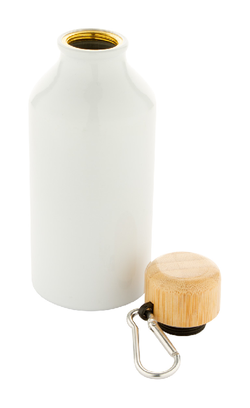 Bouteille en aluminium - 400 ml - Couvercle bambou et mousqueton - Couleur blanche_2