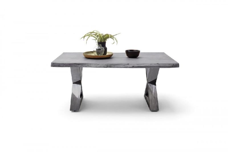 Table basse CLAREN - Plateau en acacia massif laqué gris 110 cm - Piétement X acier finition vintage_2