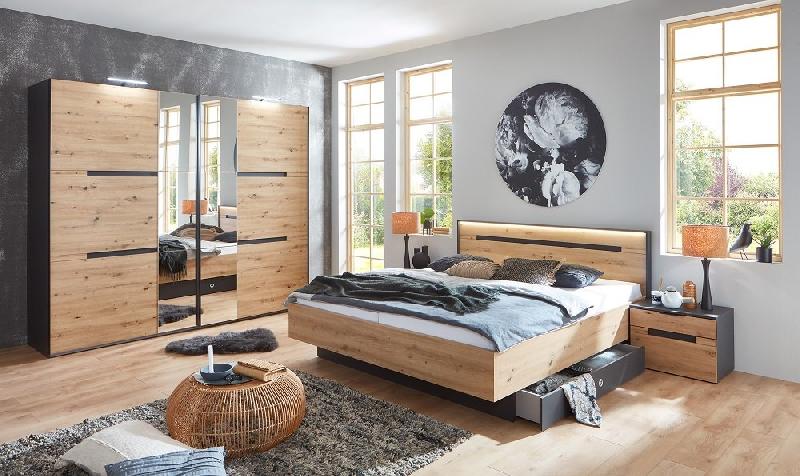 Lit design DELSON 180 x 200 cm - Chêne vieilli graphite avec tiroirs de rangement_2