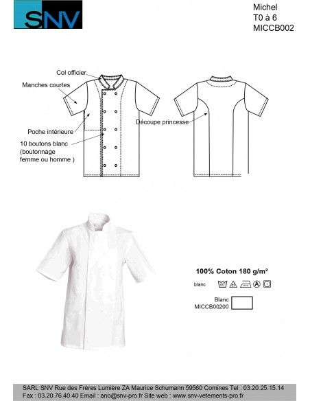 Miccb00200 - Veste de cuisine légère manches courtes - SNV - Taille 0 à 6_2