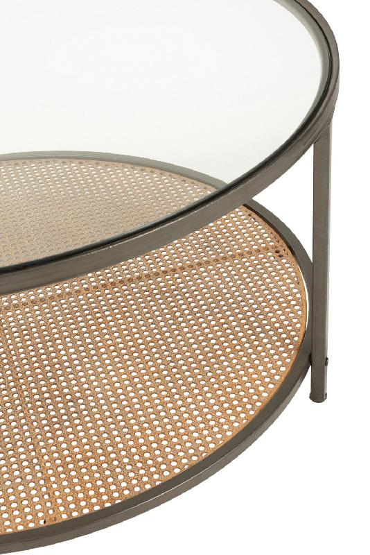 Table basse Tazzy - ronde en verre trempé et métal - design élégant avec plateau inférieur quadrillé bois naturel_2