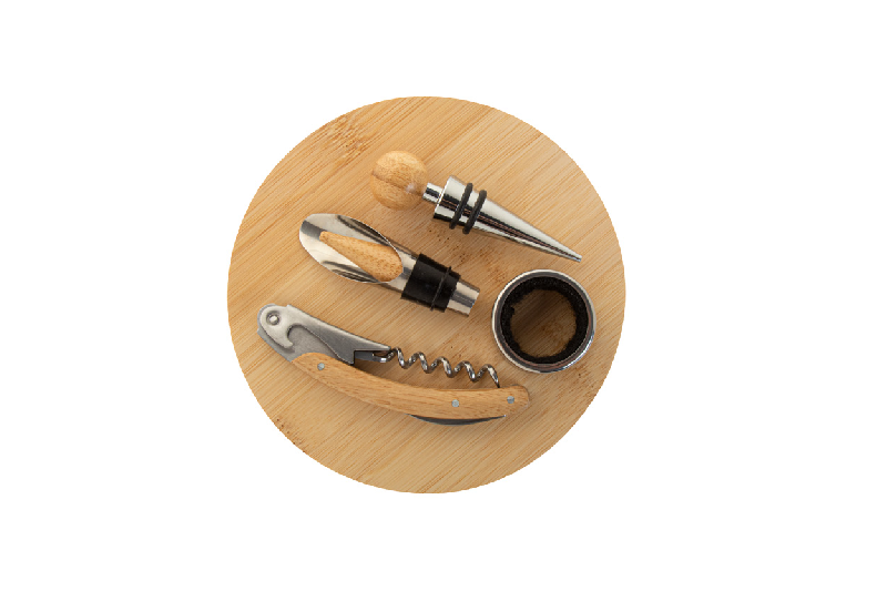 Set à vin - tire-bouchon, bouchon et embout en acier inoxydable avec boîte en bambou_2