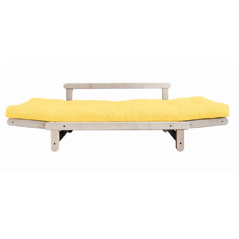 Banquette méridienne futon BEAT - Pin naturel et tissu jaune - Couchage 75x200 cm - Convertible et multifonctions_2