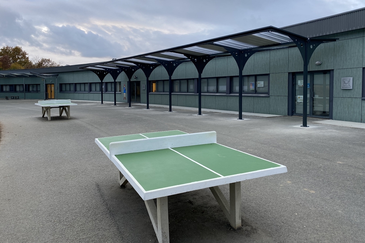 Passage couvert Série PC - Toit plat pente arrière 5% - Sur mesure, poteaux métalliques et options personnalisables_2