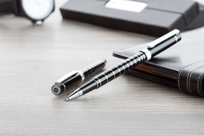 Parure stylo à bille et roller en aluminium - André Philippe - corps brillant et anneaux chromés_2