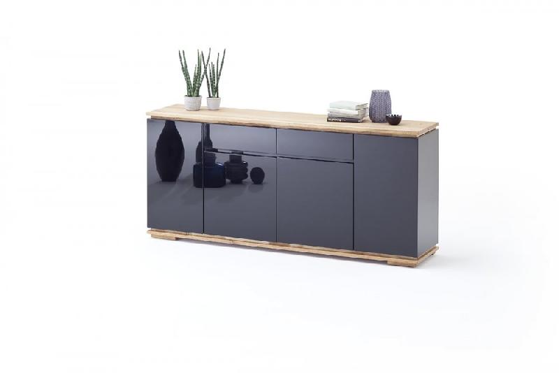 Buffet Charly 4 portes 2 tiroirs - Laqué noir brillant avec plateau et socle en chêne noueux_2