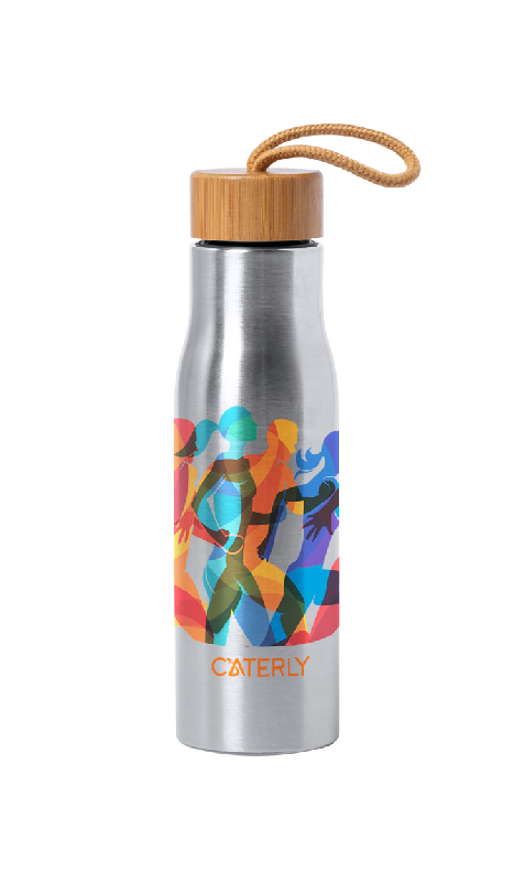 Gourde en inox - couvercle bambou et cordelette - 550 ml - couleur argenté_2