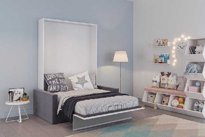 Armoire lit escamotable DJUKE SOFA - Blanc mat avec bandeau gris - Canapé intégré gris 140x200 cm_2