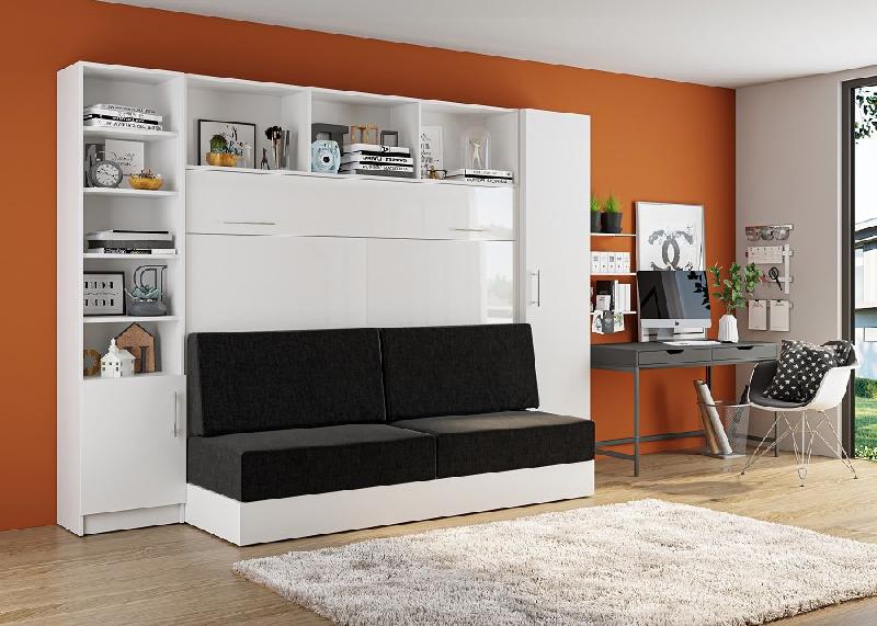 Lit escamotable VERTIGO SOFA blanc brillant - Canapé anthracite - Couchage 160x200 cm - Avec colonnes de rangement_2