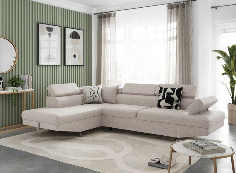 Canapé d'angle convertible avec méridienne gauche RINO beige - pieds métal - coffre de rangement - têtières réglables_2