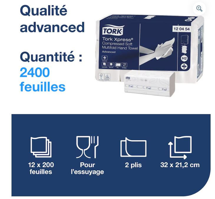Tork xpress essuie mains pliage w- 21,2x32,2cm 2plis pure ouate gaufre blanc ecolabel systeme h2 (120454)- carton de 2400 format_2