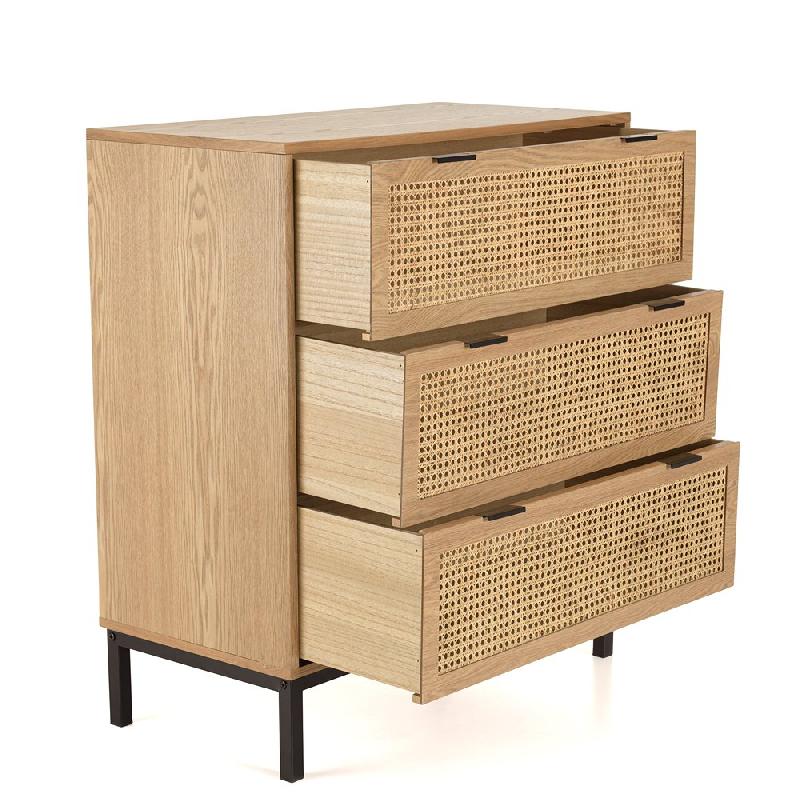 Buffet Marci - 3 tiroirs cannage naturel - Pieds métal noir - Style industriel_2
