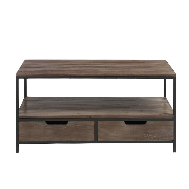 Table basse BAPITA - 2 tiroirs - Bois massif marron foncé et métal noir - Dimensions L120 x H61 x P50 cm_2