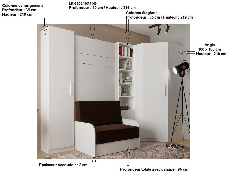 Composition angle lit escamotable Dynamo Sofa - accoudoirs blanc - tissu marron - couchage 90x200 cm - dimensions 305x100 cm_2