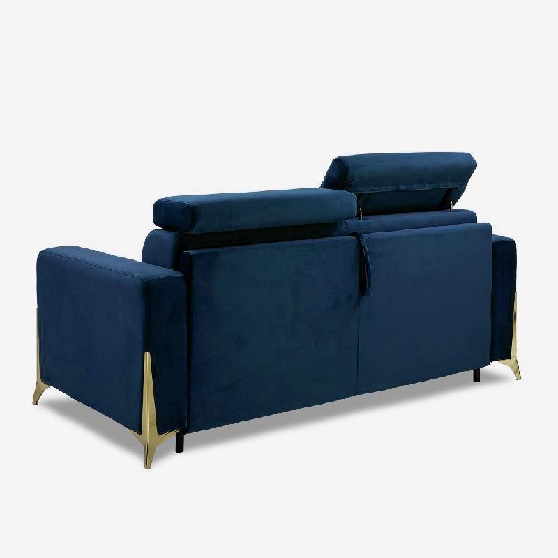 Canapé convertible ODACIO - Ouverture express 140x197 cm - Têtières réglables - Matelas 16 cm - Pieds dorés - Velours bleu nuit_2