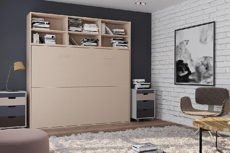 Lit escamotable STRADA-V2 taupe mat avec surmeuble 6 niches - Couchage 140 x 200 cm - Gain de place_2