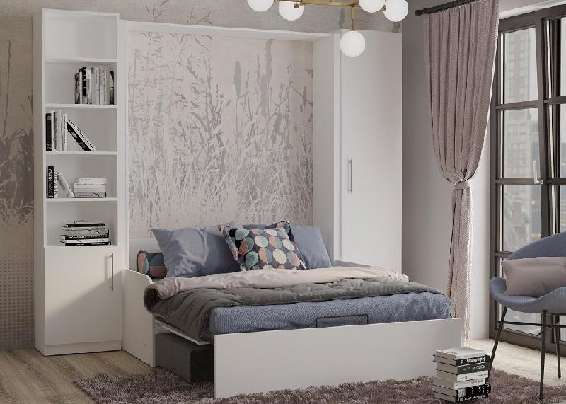 Composition lit escamotable blanc mat Dynamo Sofa - Canapé accoudoirs blanc et gris - Armoire et bibliothèque 140x200 cm_2