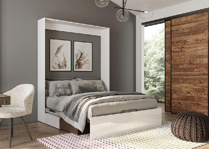 Armoire lit escamotable Dynamo Sofa - Façade blanc brillant effet miroir - Canapé marron - Couchage 140x200 cm_2