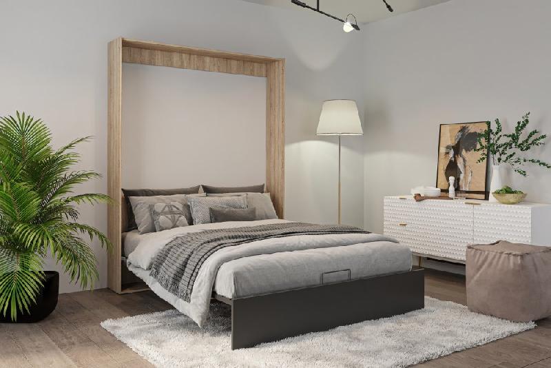 Lit escamotable industriel STUKEY - Chêne avec bandeaux et ferrures noir mat - 160 x 200 cm_2