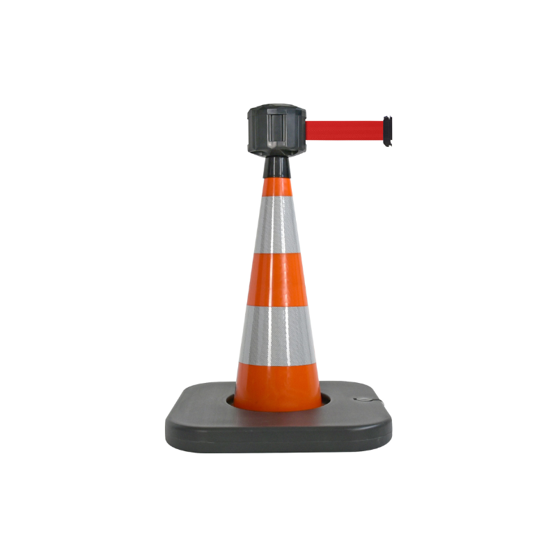 Cône de balisage avec base à lester et sangle enrouleur 50mm largeur - Orange / Rouge / 750_2