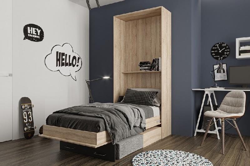 Lit escamotable style industriel KEY SOFA - Chêne naturel - 90x200 cm avec canapé et tiroirs de rangement_2