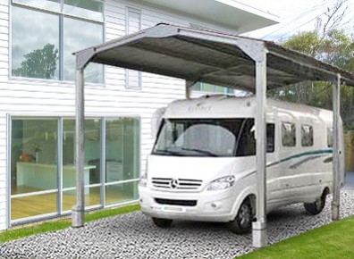 Abri camping-car ouvert en métal - double pente - structure en fer - toiture en acier à deux pans - dimensions 3.89 x 3.10 m_2