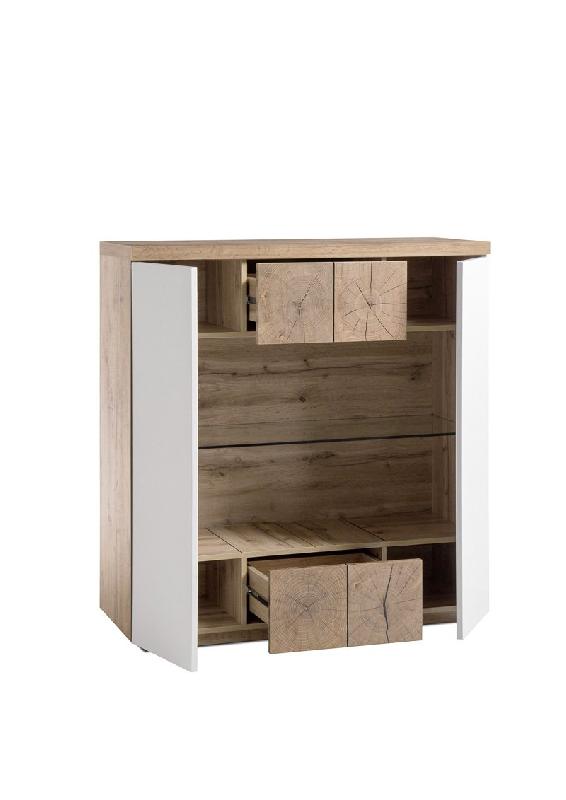Buffet haut Herning 114 cm - laqué blanc mat et décor chêne noueux - 2 portes, 2 tiroirs, niche décorative_2