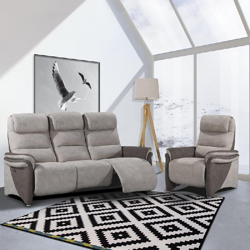 Canapé relax électrique 3 places ZILIA - Microfibre mastic et brun taupé avec têtières ajustables et tablette centrale_2