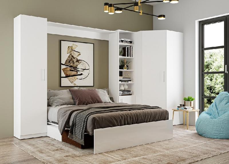 Composition lit escamotable Dynamo Sofa - Façade blanc brillant effet miroir - Canapé marron 3 places - Couchage 160x200 cm - Dimensions 371x100 cm_2