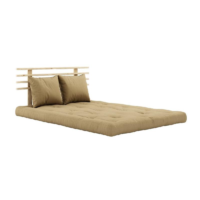Canapé lit futon Shin Sano beige blé en pin massif - Couchage 140x200 cm avec matelas capitonné et coussins inclus_2