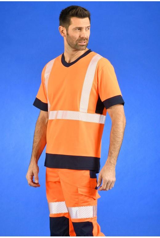 Tee-shirt MC col V haute visibilité - Visio maille - Réf. 006*CHV - EN ISO 20471 classe 2 - Jaune Fluo/Marine ou Orange Fluo/Marine_2