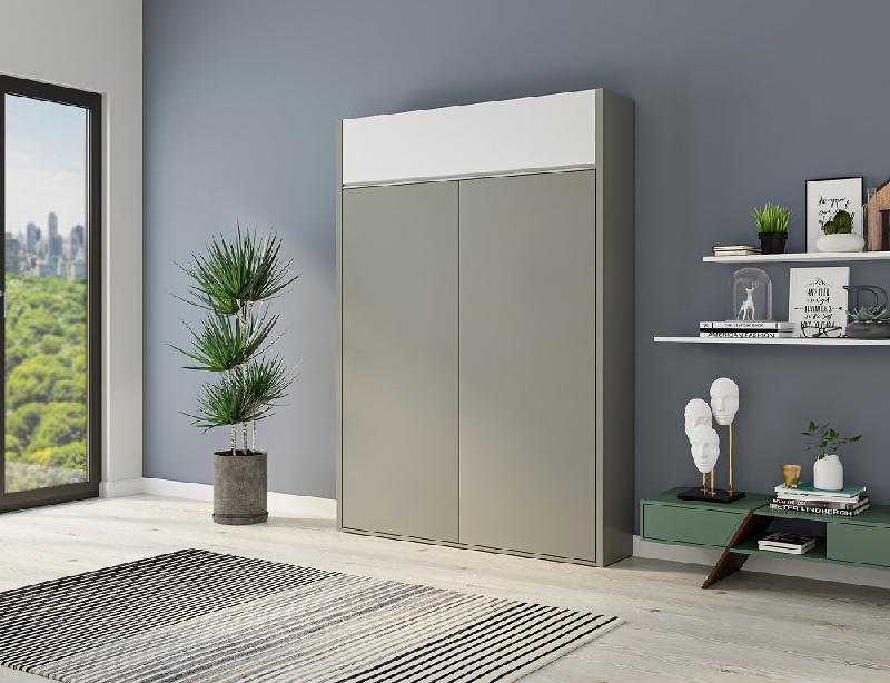 Armoire lit escamotable Aladyno gris mat - bandeau blanc mat - couchage 160*200 cm - ultra plate 30 cm d'épaisseur_2